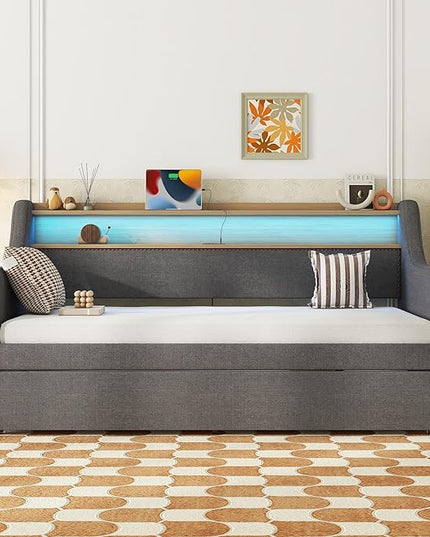 Twin Size Upholstered Daybed with Trundle, Twin Linen Sofa Bed Daybed with Charging Station and LED Lights, Day Bed Frame w/Headboard & Wood Slat Support for Bedroom, Living Room, Gray - LeafyLoom