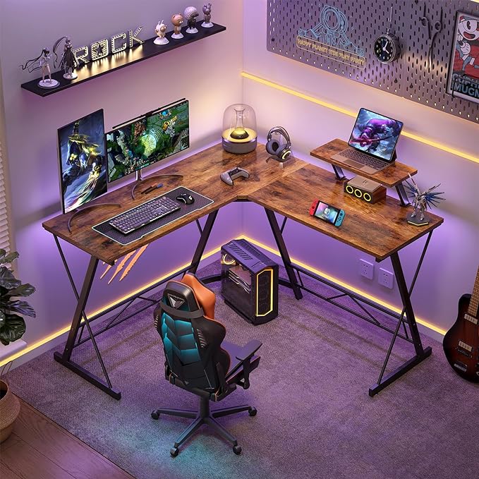 Mr IRONSTONE L Shaped Computer Desk: Corner Desk, Home Office Desk, Gaming Writing Workstation with Large Monitor Stand, Easy to Assemble (Rustic Brown,51 Inch) - LeafyLoom