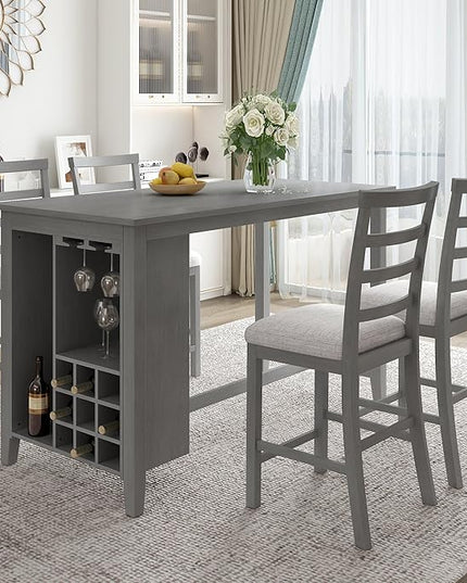 5 Piece Multi-Functional Rubber Wood Counter Height Dining Table Set with Padded Chairs and Integrated 9 Bar Compartment, Wine Glass Holders for Kitchen, Living Room, Grey+Light Gray - LeafyLoom