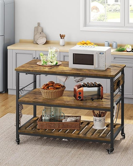 Yaheetech Kitchen Island with Power Outlet, Rolling Kitchen Cart with Wine Rack & Glass Holder & Hooks, Coffee Bar Microwave Stand Wine Rack Table for Dining Room, 47.5" W x 24" D, Rustic Brown - LeafyLoom
