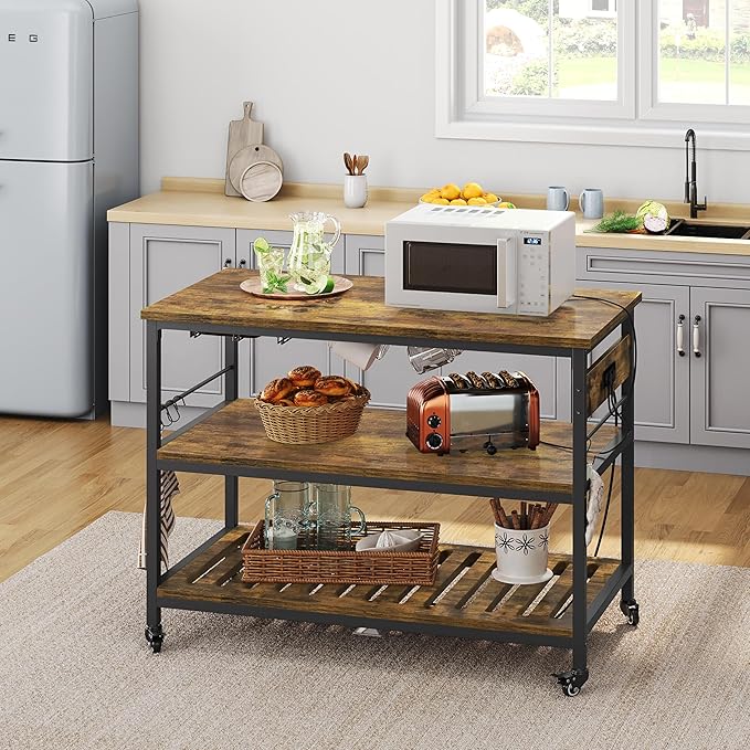 Yaheetech Kitchen Island with Power Outlet, Rolling Kitchen Cart with Wine Rack & Glass Holder & Hooks, Coffee Bar Microwave Stand Wine Rack Table for Dining Room, 47.5" W x 24" D, Rustic Brown - LeafyLoom