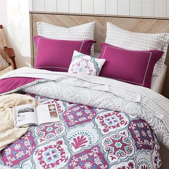 Degrees of Comfort Twin Complete Comforter Sets, Lattice Boho Bed in A Bag,Microfiber Bedding Set with Side Pockets, Matching Decorative Pillow, 6 Piece Purple - LeafyLoom
