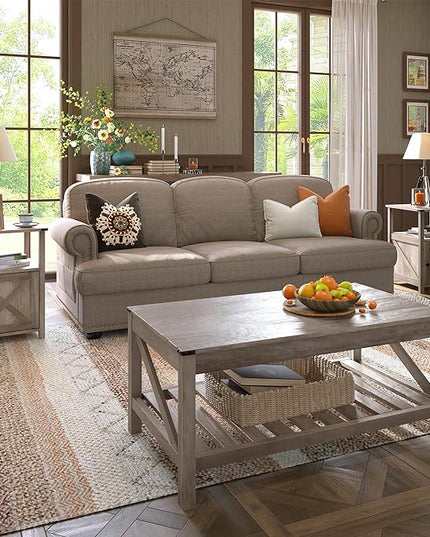 Farmhouse Coffee Table with 2-Tier Shelves - Rectangular Coffee Table with Storage for Living Room, Wood Coffee Table with Sturdy Frame, Washed Grey - LeafyLoom