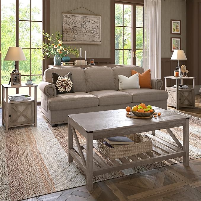 Farmhouse Coffee Table with 2-Tier Shelves - Rectangular Coffee Table with Storage for Living Room, Wood Coffee Table with Sturdy Frame, Washed Grey - LeafyLoom