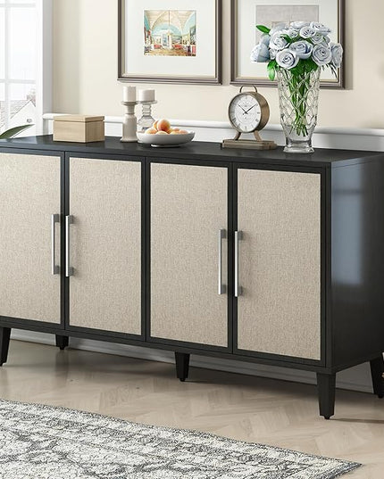 Merax Sideboard Buffet Cabinet with Storage, 4 Linen Door Cupboard w/Adjustable Shelves, Wood Console Table for Entrance, Study or Living Room, Beige - LeafyLoom