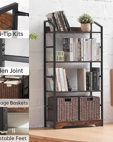 Vagusicc 4 Tier Bookshelf with 2 Storage Baskets, Tall Bookcase Shelf Storage Organizer Wood Book Shelf, Modern Shelf Rack Shelves with Steel Frame, Multipurpose Bookshelf for Bedroom Living Room - LeafyLoom