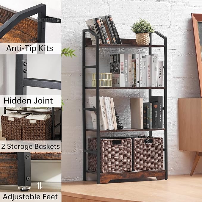 Vagusicc 4 Tier Bookshelf with 2 Storage Baskets, Tall Bookcase Shelf Storage Organizer Wood Book Shelf, Modern Shelf Rack Shelves with Steel Frame, Multipurpose Bookshelf for Bedroom Living Room - LeafyLoom