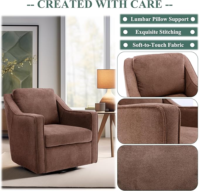 COLAMY 360° Swivel Accent Chair Set of 2, Upholstered Fabric Leisure Armchair with Lumbar Pillow for Living Room Bedroom Home Office, Brown - LeafyLoom