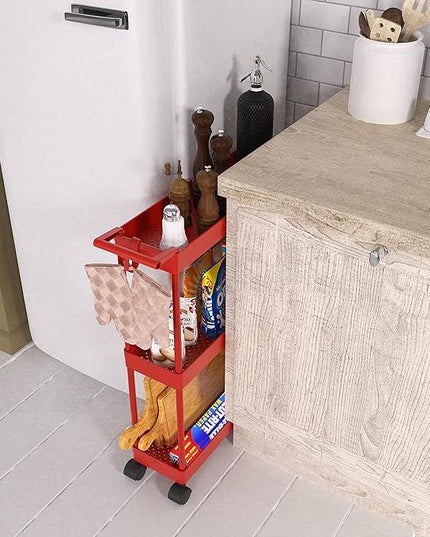 SimpleHouseware Kitchen Cart Storage 3-Tier Slim/Super Narrow Shelves with Handle, 26.5'' Height/5.5'' Width for Narrow Place, Red - LeafyLoom