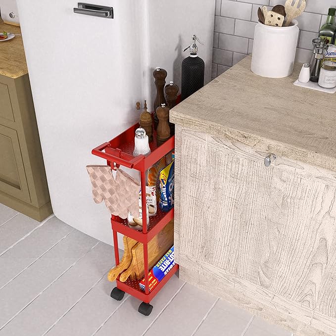 SimpleHouseware Kitchen Cart Storage 3-Tier Slim/Super Narrow Shelves with Handle, 26.5'' Height/5.5'' Width for Narrow Place, Red - LeafyLoom