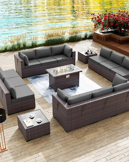 Kullavik 15PCS Outdoor Patio Furniture Set with 43" 55000BTU Gas Propane Fire Pit Table PE Wicker Rattan Sectional Sofa Patio Conversation Sets for Backyard,Grey Cushions - LeafyLoom