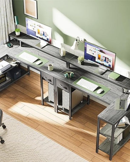 SUPERJARE 47 inch Reversible L Shaped Desk with LED Lights & Power Outlets, Computer Desk with Shelves & Monitor Stand, Gaming Desk with Drawer, Home Office Desk Corner Desk, Grey - LeafyLoom