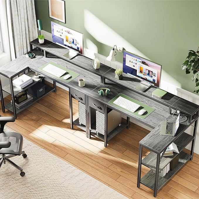 SUPERJARE 47 inch Reversible L Shaped Desk with LED Lights & Power Outlets, Computer Desk with Shelves & Monitor Stand, Gaming Desk with Drawer, Home Office Desk Corner Desk, Grey - LeafyLoom