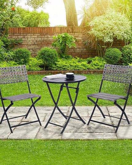 BACKYARD EXPRESSIONS PATIO · HOME · GARDEN 3 Pc 3 Piece Folding Outdoor Bistro, Wicker Furniture Table and Chairs for Garden, Backyard, Porch, Patio Conversation Set, Grey/Black - LeafyLoom