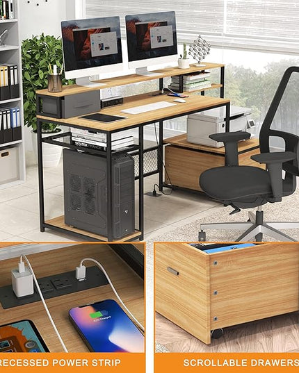 Home Office Desks with Drawers, 66'' Computer Desk with Storage, Office Desk with Monitor Stand, Work Desk with Outlets and USB, Gaming Desk with File Cabinet for Home Office Table, Natural - LeafyLoom