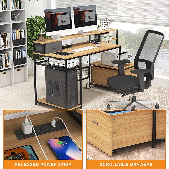 Home Office Desks with Drawers, 66'' Computer Desk with Storage, Office Desk with Monitor Stand, Work Desk with Outlets and USB, Gaming Desk with File Cabinet for Home Office Table, Natural - LeafyLoom