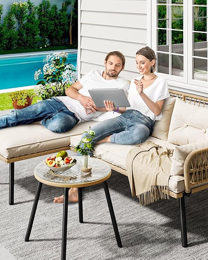 YITAHOME L-Shaped Patio Furniture Outdoor Loveseat Sectional Set for Backyard, Porch with Thick Cushions Detachable Lounger, Side Table (Light Brown+Beige) - LeafyLoom