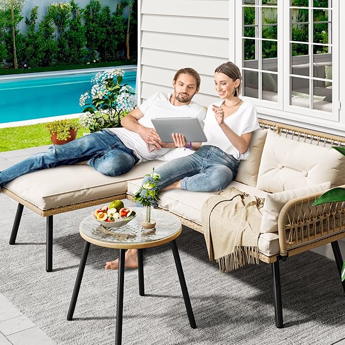 YITAHOME L-Shaped Patio Furniture Outdoor Loveseat Sectional Set for Backyard, Porch with Thick Cushions Detachable Lounger, Side Table (Light Brown+Beige) - LeafyLoom