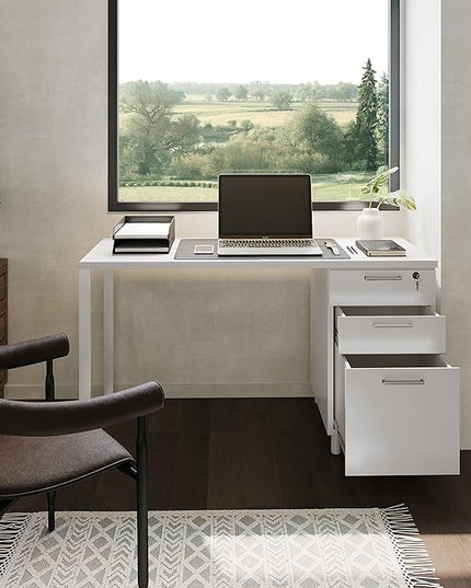 Milano Home Office Desk - 47 Inch White/White Home Office Desk with Drawers - Modern Computer Desk with Storage, Detachable & Lockable Computer Cabinet - Wooden Office, Study, and Writing Table - LeafyLoom