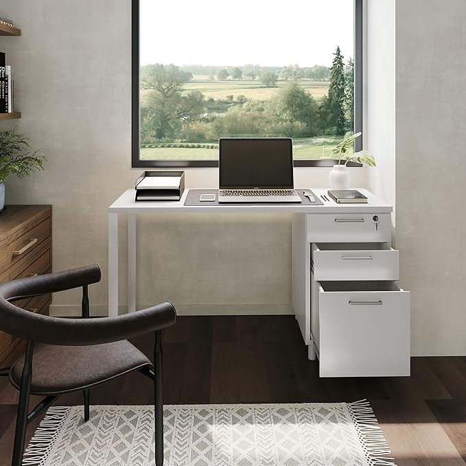 Milano Home Office Desk - 47 Inch White/White Home Office Desk with Drawers - Modern Computer Desk with Storage, Detachable & Lockable Computer Cabinet - Wooden Office, Study, and Writing Table - LeafyLoom