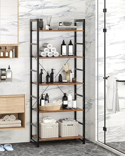 VERMESS 5 Tier Bookshelf, Tall Book Shelf, Vintage Industrial Bookcase Shelf with Open Display Shelves, Wood Storage Shelving Unit Metal Frame Standing Bookshelves for Bedroom/Home/Office, Rustic - LeafyLoom