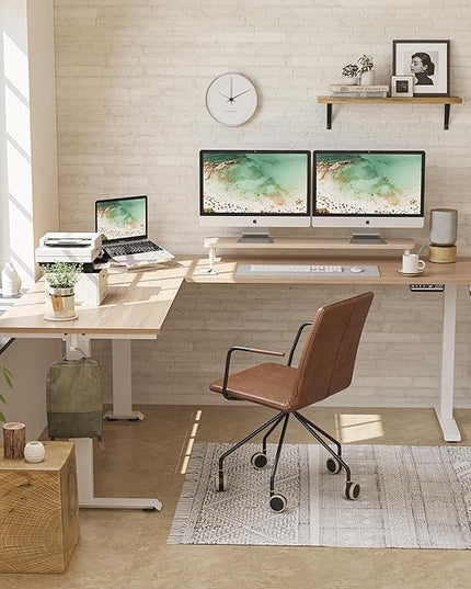 FEZIBO 75 Inches Triple Motor L Shaped Standing Desk Reversible, Electric Height Adjustable Corner Stand up Desk, Sit Stand Desk Computer Workstation, White Frame/Light Walnut Top - LeafyLoom