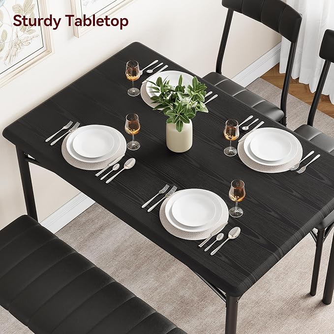GAOMON Dining Table Set for 4, Kitchen Table with Upholstered Chairs and Bench, 4-Person Dining Room Table Set, Rectangular Kitchen Table Set for Small Space, Apartment, Home, Studio, Rustic Black - LeafyLoom