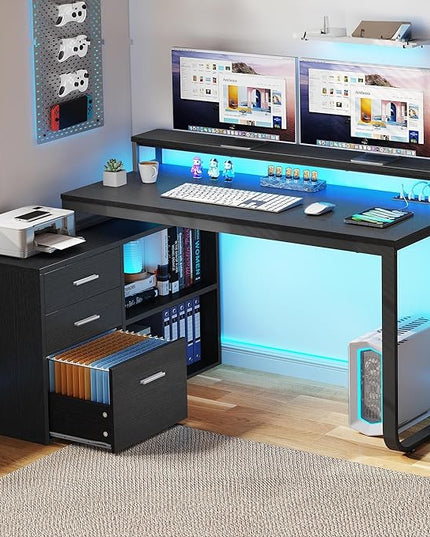 YITAHOME L Shaped Desk with 3 Drawers, 55" Corner Computer Desk with Power Outlets & LED Lights, L-Shaped Desk with File Cabinet for Home Office, Black - LeafyLoom