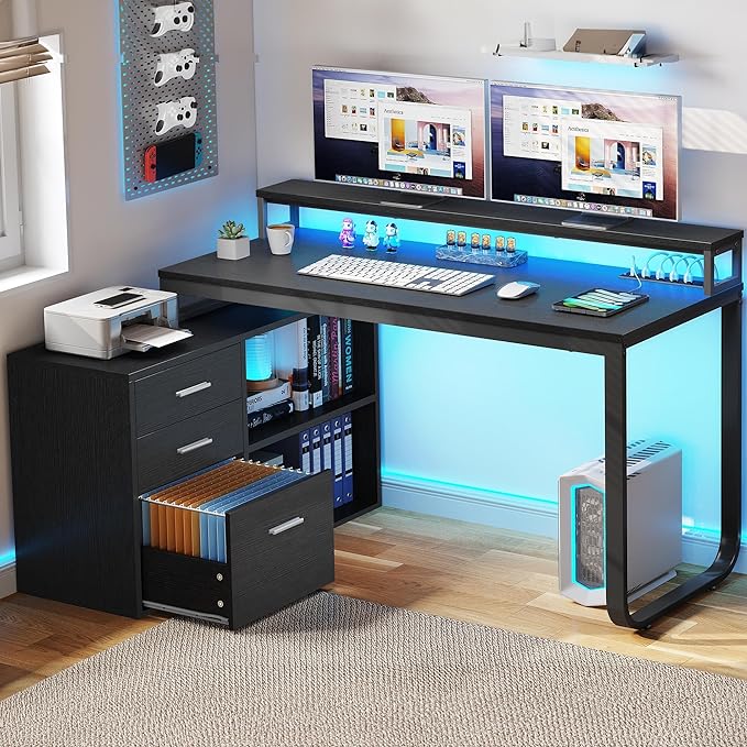 YITAHOME L Shaped Desk with 3 Drawers, 55" Corner Computer Desk with Power Outlets & LED Lights, L-Shaped Desk with File Cabinet for Home Office, Black - LeafyLoom
