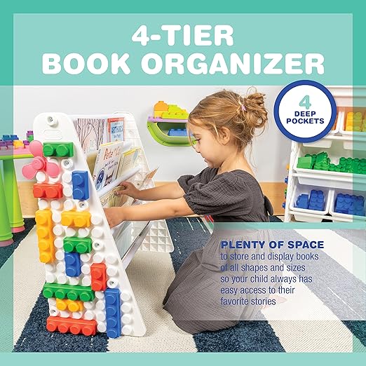 UNiPLAY Kids 4-Tier Book Storage Organizer with Sling Book Pockets, Plastic Sling Rack Bookshelf for Playroom, Fits Blocks, White/Primary - LeafyLoom