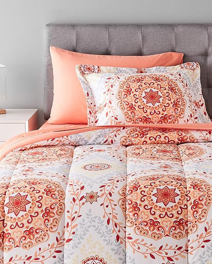 Amazon Basics Lightweight Microfiber Bed-in-a-Bag Comforter 5-Piece Bedding Set, Twin/Twin XL, Coral Medallion, Printed - LeafyLoom