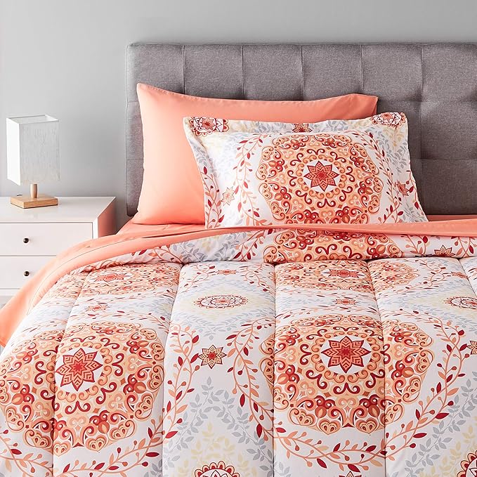 Amazon Basics Lightweight Microfiber Bed-in-a-Bag Comforter 5-Piece Bedding Set, Twin/Twin XL, Coral Medallion, Printed - LeafyLoom