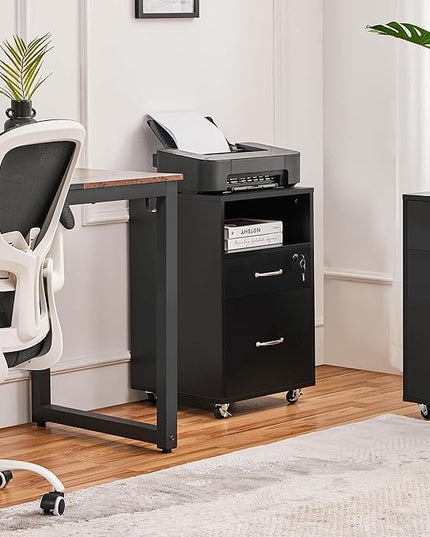 Yaheetech File Cabinet, Under Desk Vertical Cabinet with 2 Drawers and Open Compartment, Printer Stand with Lockable Wheels for A4 Letter Size Hangable File Folders for Home Office(Black) - LeafyLoom