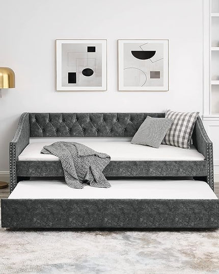 Twin Size Upholstered Daybed with Twin Size Trundle, Tufted Twin Day Bed w/Button Back and Waved Shape Copper Nail Arms, No Spring Box Needed, Easy Assemble, for Living Room - LeafyLoom