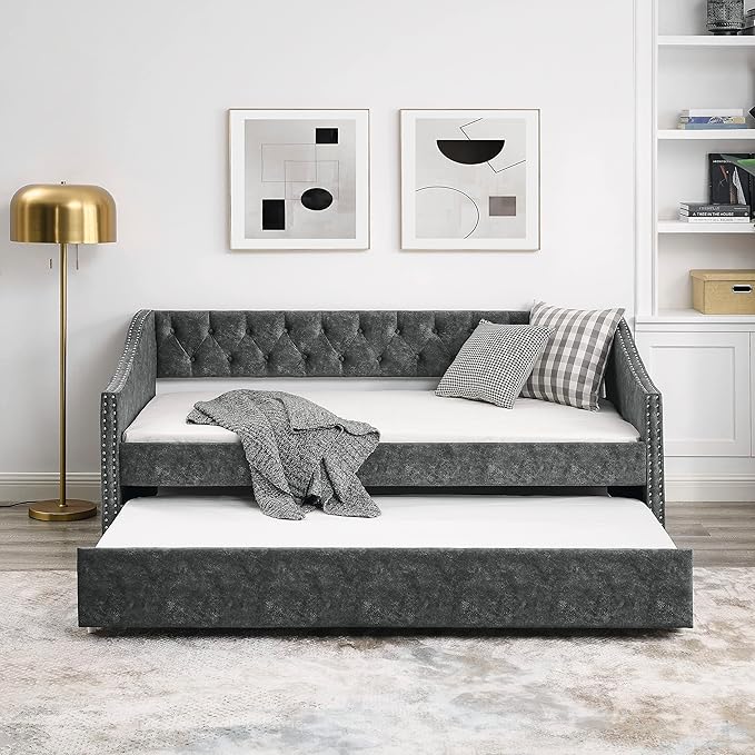 Twin Size Daybed with Trundle,Linen Upholstered Sofa Bed W/Button on Back & Copper Nail on Waved Shape Armrests,Space Saving,No Spring Box Need,Wood Bedframe for Living Room Bedroom Dorm,Grey - LeafyLoom