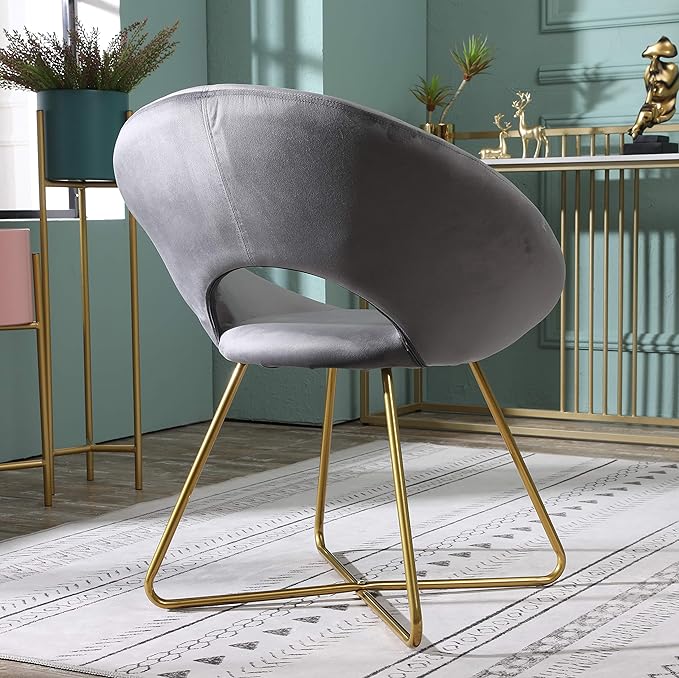 Roundhill Furniture Slatina Silky Velvet Upholstered Accent Chair with Gold Tone Finished Base, 25D x 28W x 31.5H in, Gray - LeafyLoom
