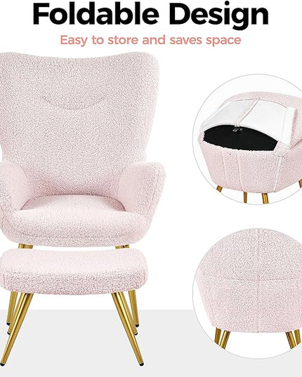 Yaheetech Accent Chair with Ottoman, Boucle Fabric Armchair Footstool, Modern and Cozy Vanity Chair with Golden Legs for Living Room, Lounge, Makeup Room, Bedroom, Pink - LeafyLoom
