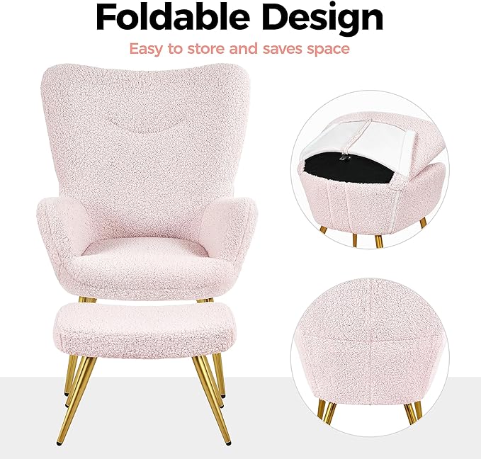 Yaheetech Accent Chair with Ottoman, Boucle Fabric Armchair Footstool, Modern and Cozy Vanity Chair with Golden Legs for Living Room, Lounge, Makeup Room, Bedroom, Pink - LeafyLoom