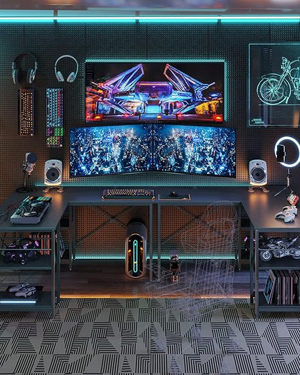 Bestier L Shaped Desk with Shelves 86 Inch Reversible Corner Computer Desk or 2 Person Long Table for Home Office Large Gaming Writing Storage Workstation P2 Board with 3 Cable Holes, Carbon Fiber - LeafyLoom