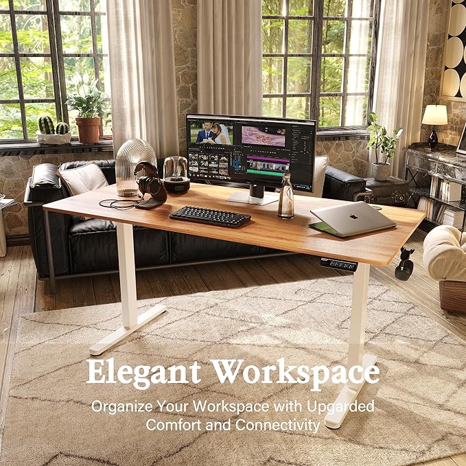 Monomi Electric Standing Desk, 63 x 28 inches Height Adjustable Desk, Ergonomic Home Office Sit Stand Up Desk with Memory Preset Controller (Natural Top/White Frame) - LeafyLoom