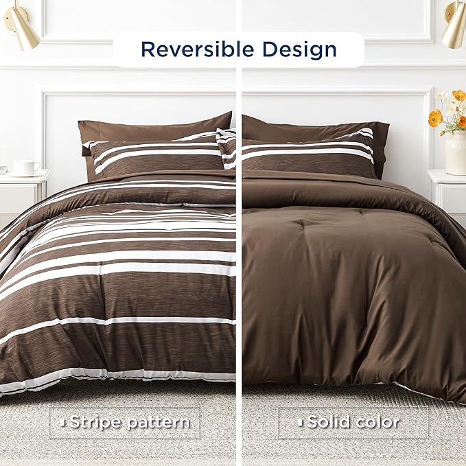 Bedsure Bed in a Bag Twin Size 5-Piece Brown White Striped Bedding Comforter Sets All Season Bed Set with 1 Pillow Sham, Flat Sheet, Fitted Sheet and 1 Pillowcase - LeafyLoom