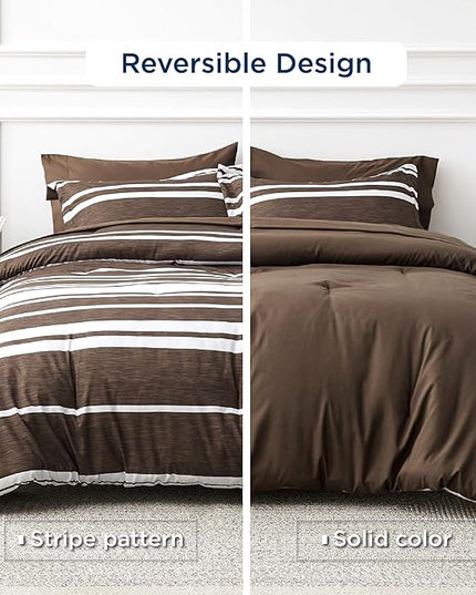 Bedsure Bed in a Bag Queen Size 7-Piece Brown White Striped Bedding Comforter Sets All Season Bed Set, 2 Pillow Shams, Flat Sheet, Fitted Sheet and 2 Pillowcases - LeafyLoom