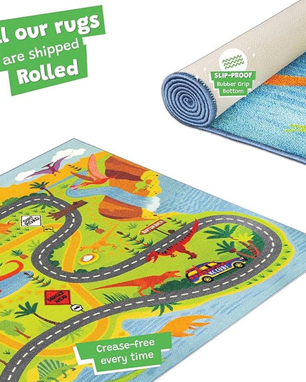 KC Cubs Playtime Collection Dinosaur Dino Safari Road Map Educational Learning & Game Area Rug Carpet for Kids and Children Bedrooms and Playroom (8'2" x 9'10") - LeafyLoom