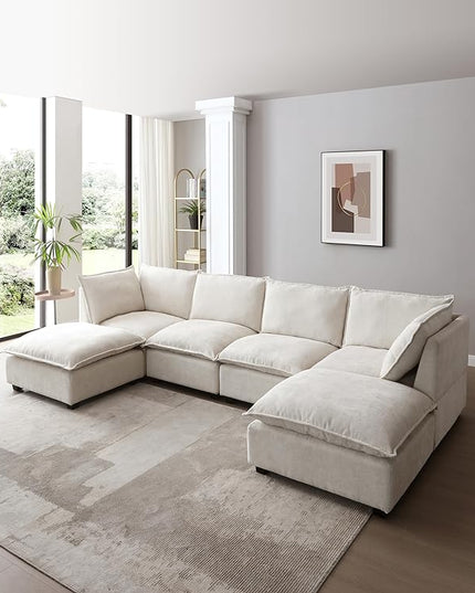 Free Combination Extra Wide Convertible Modular Sectional Sofa with Movable Ottoman Sets,6 Seater Oversized Reversible Corner Couch with Thicked Cushion & Detackable Backrest for Living Room - LeafyLoom