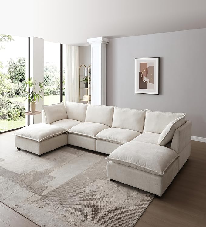 Free Combination Extra Wide Convertible Modular Sectional Sofa with Movable Ottoman Sets,6 Seater Oversized Reversible Corner Couch with Thicked Cushion & Detackable Backrest for Living Room - LeafyLoom