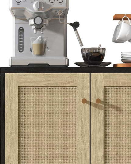 Panana Rattan Decorated 2 Doors Storage Cabinet Accent Cabinet Living Room Cupboard Kitchen Sideboard Buffet Table (Black Cabinet) - LeafyLoom