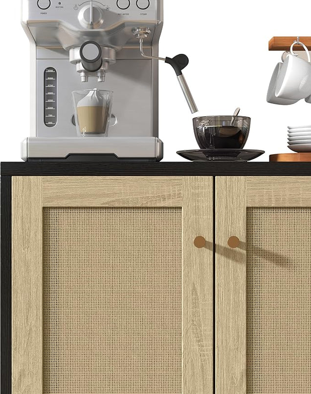 Panana Rattan Decorated 2 Doors Storage Cabinet Accent Cabinet Living Room Cupboard Kitchen Sideboard Buffet Table (Black Cabinet) - LeafyLoom
