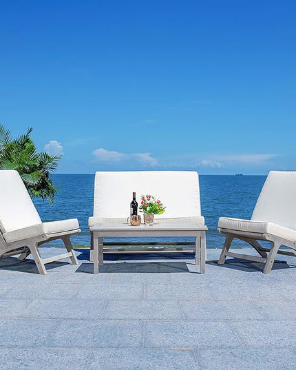 SAFAVIEH Outdoor Collection Chaston Wood Cushion 4-Piece Conversation Patio Set PAT7044H, Grey/Beige - LeafyLoom