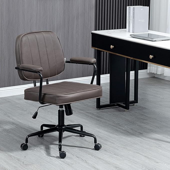 Vinsetto Home Office Chair, Microfiber Computer Desk Chair with Swivel Wheels, Adjustable Height, and Tilt Function, Light Brown - LeafyLoom