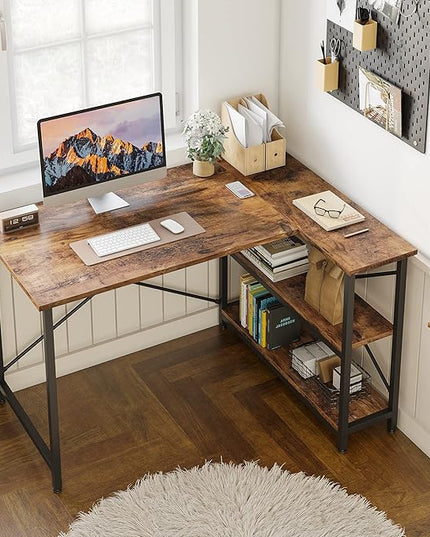 Bestier Small L Shaped Desk with Shelves 47 Inch Reversible Corner Computer Desk Writing Gaming Storage Table for Home Office Small Space, Rustic Brown - LeafyLoom